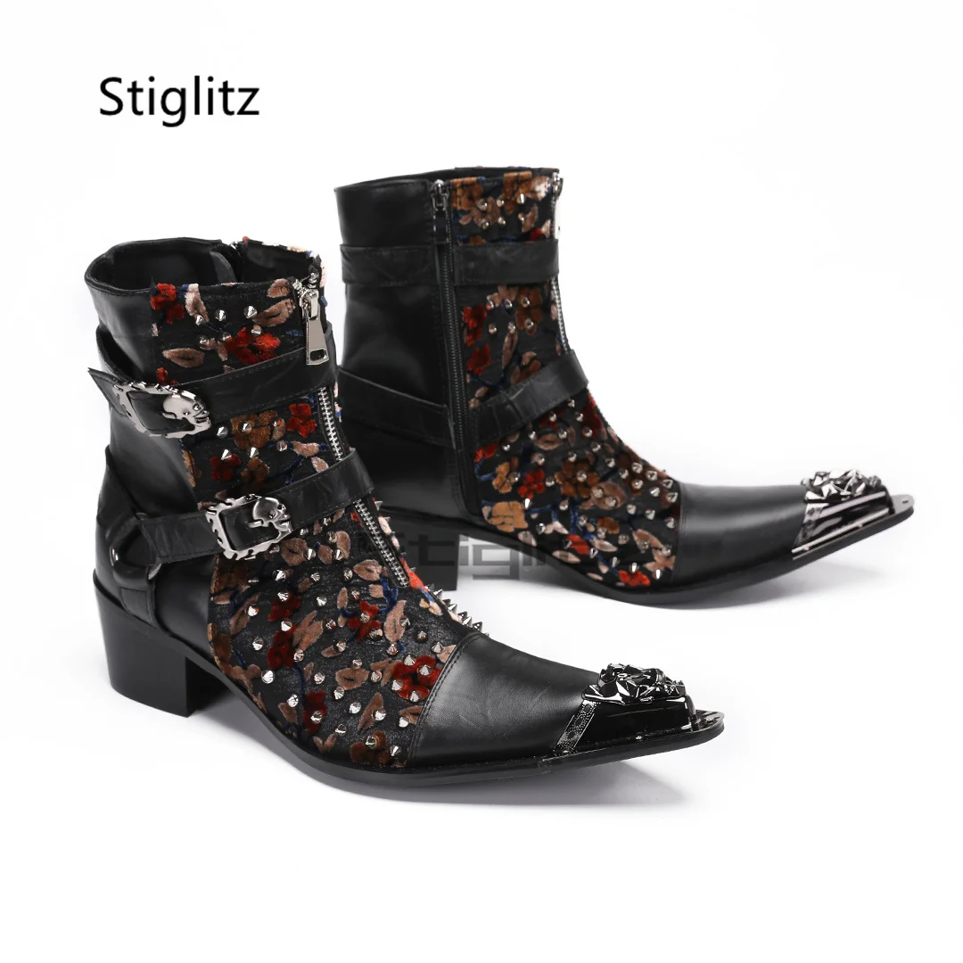 

Black Flowers Embroidery Rivet Men's Boots Metal Buckle Iron Pointed Toe Ankle Chelsea Boots High Heeled Zip Party Male Shoes