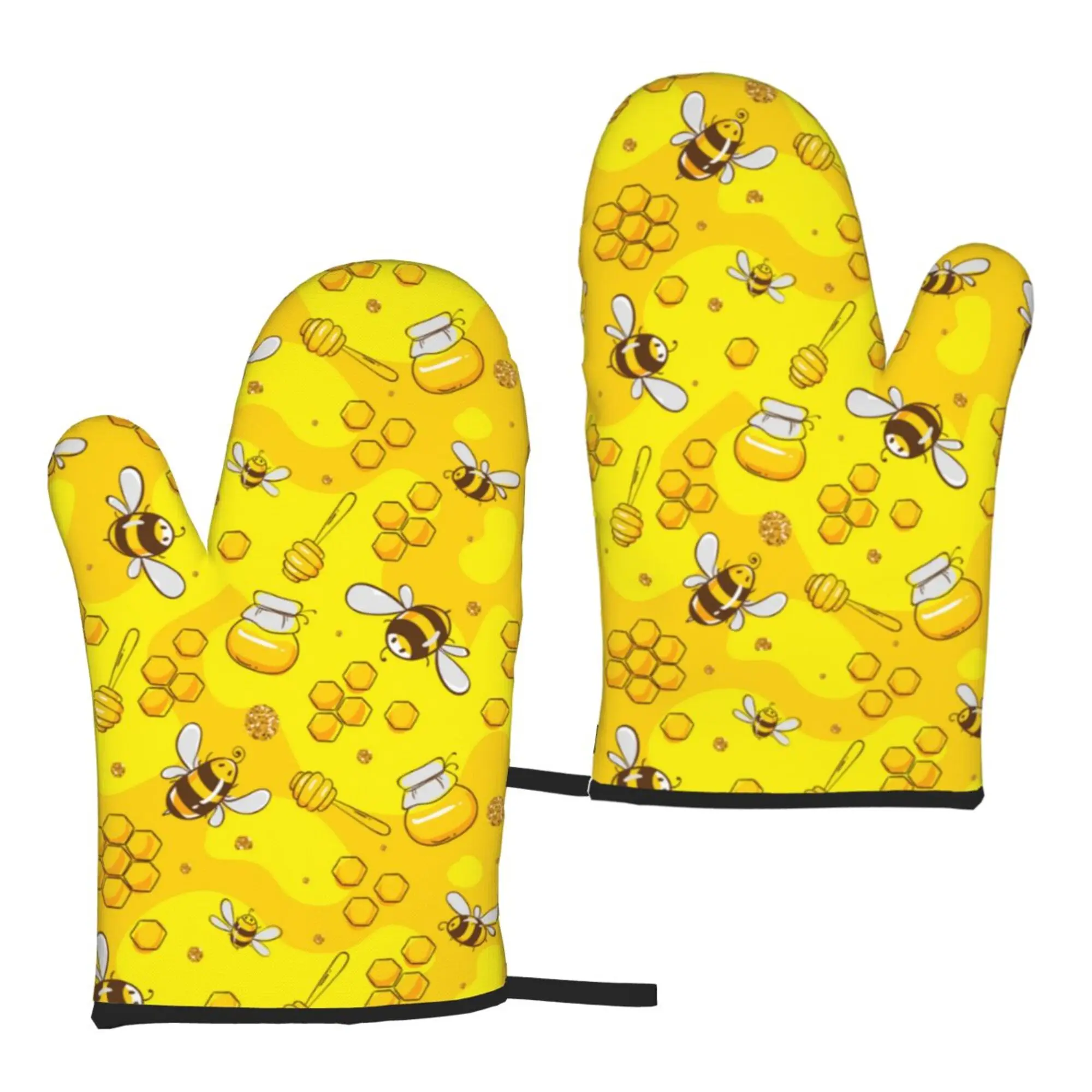 Honey Bee Yellow Cartoon Kitchen Oven Mitts 2pc Microwave Gloves Bbq Cooking Gloves Heat Resistant Gloves One Size