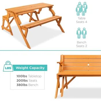 2-in-1 Transforming Interchangeable Outdoor Wooden Picnic Table Garden Bench for Backyard, Porch, Patio, Deck w/Umbrella 6