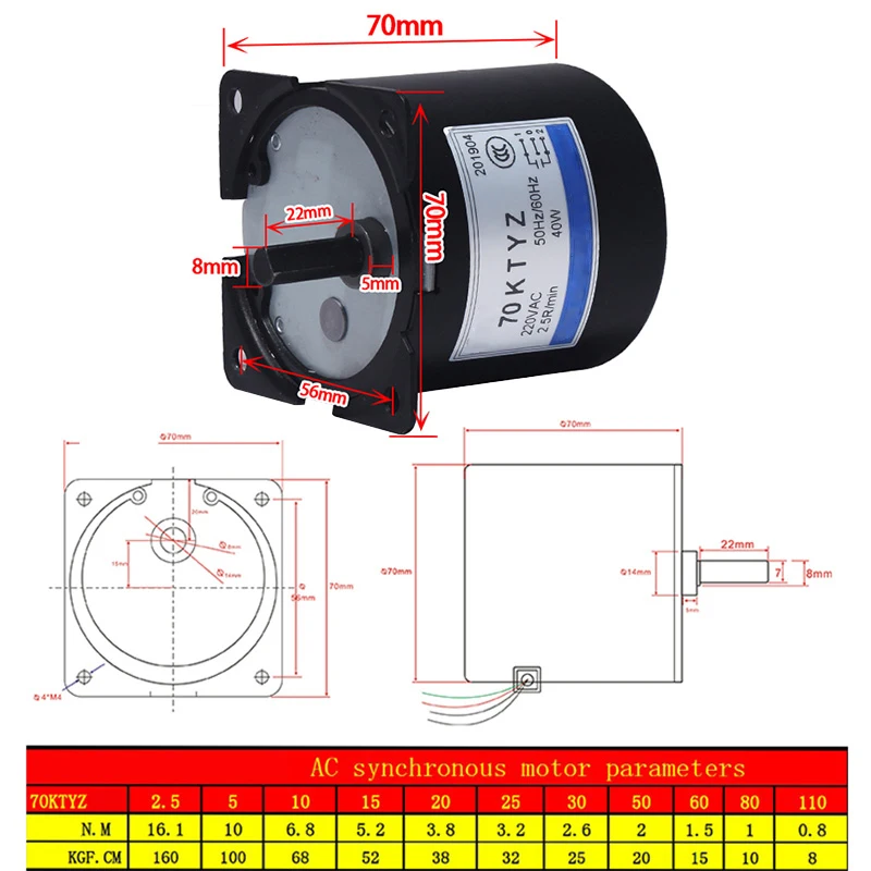 

70KTYZ 40W Permanent Magnetic Synchronism Motor 220V AC Micro Gear Motor 50Hz/60Hz Synchronous Low Speed 2.5-110RPM Reversible