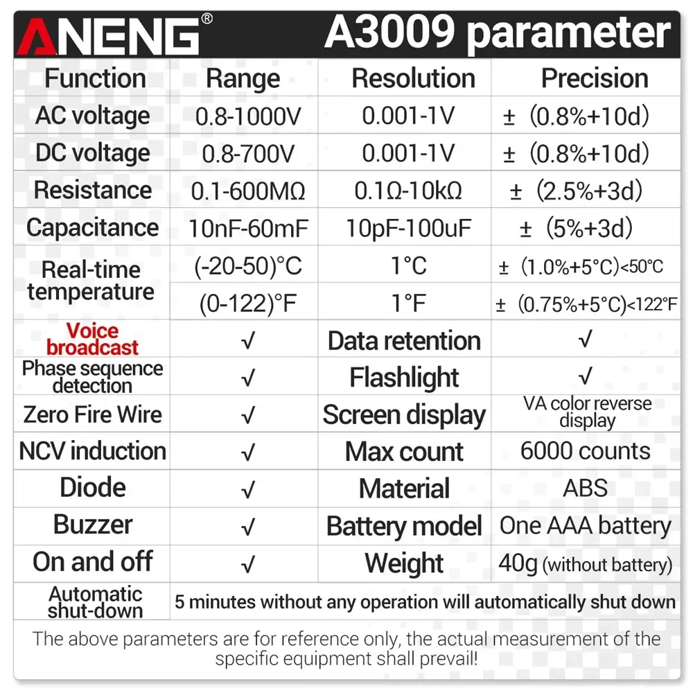 Digital multimeter for ANENG A3009 6000 Counts intelligent voice broadcast