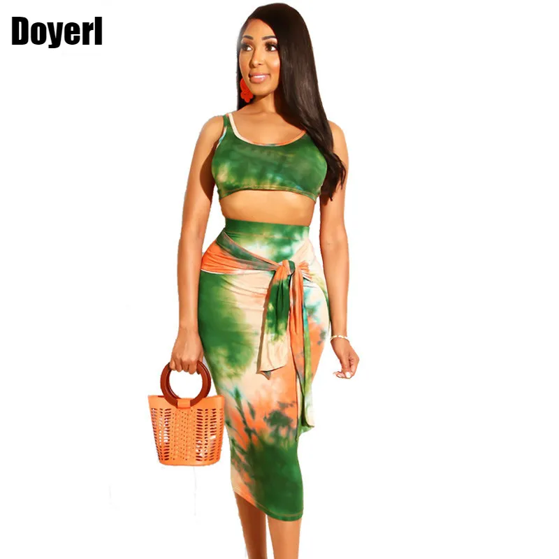 Summer 2 Piece Set Women 2022 Crop Top T Shirt and Bodycon Skirt Tie Dye Print Sexy Two Dress Outfits for |