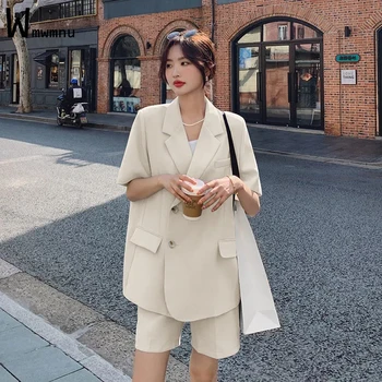 여성용 캐주얼 블레이저 투피스 세트, 안감 없는 코트 운동복, 헐렁한 반바지 정장, 한국 우아한 시크 포멀 복장, 신제품, 여름