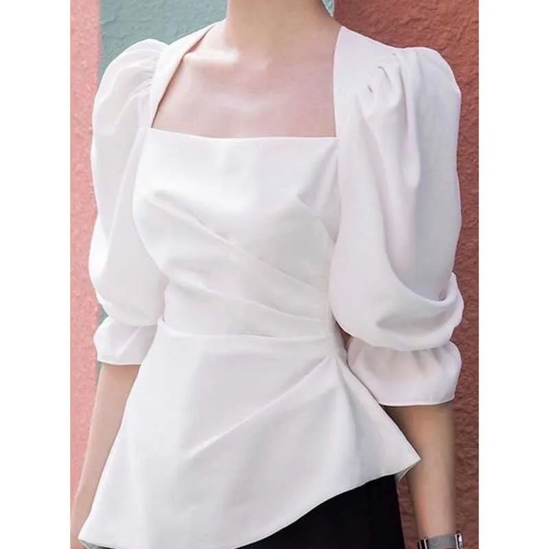 

Elegant Square Collar Folds Asymmetrical Puff Sleeve Blouses Women's Clothing 2024 Summer New Loose Korean Tops Irregular Shirts