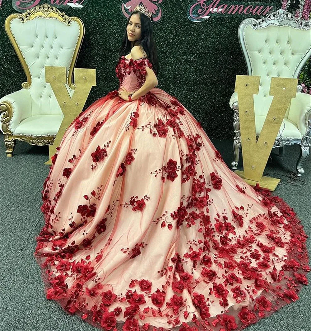 

Burgundy Princess Quinceanera Dresses Ball Gown Off The Shoulder Floral Pearls Sweet 16 Dresses 15 Años Custom