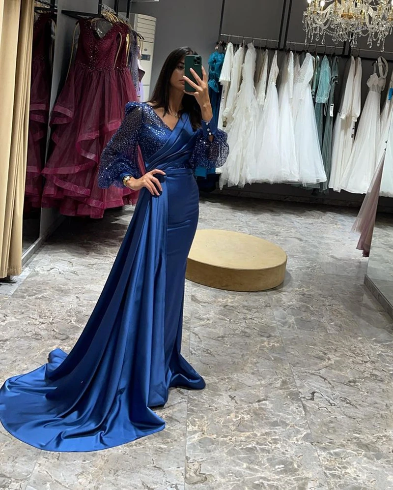 

Angelsbridep 2 STORE V-neck Sparkly Beaded Tulle Sleeves Sequines Evening Dresses Satin Formal Party Gowns Vestidos De Fiesta