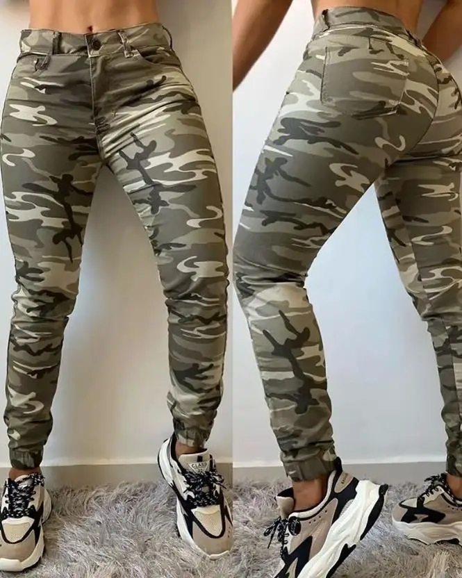 2023 Spring Summer Women's Pocket Camouflage Print Pocket Design Cuffed Pants Button Temperament Commuting Style Skinny Pants