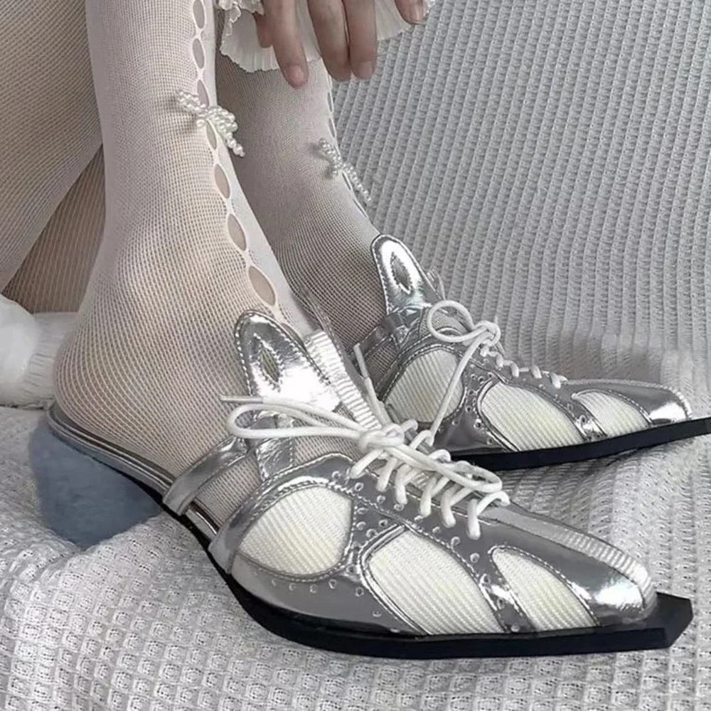 

Chunky Heels Air Mesh Slippers Square Toe Lace Up Slip On Women's Slippers Patchwork Silver Summer Newest 2024 Casual Outside