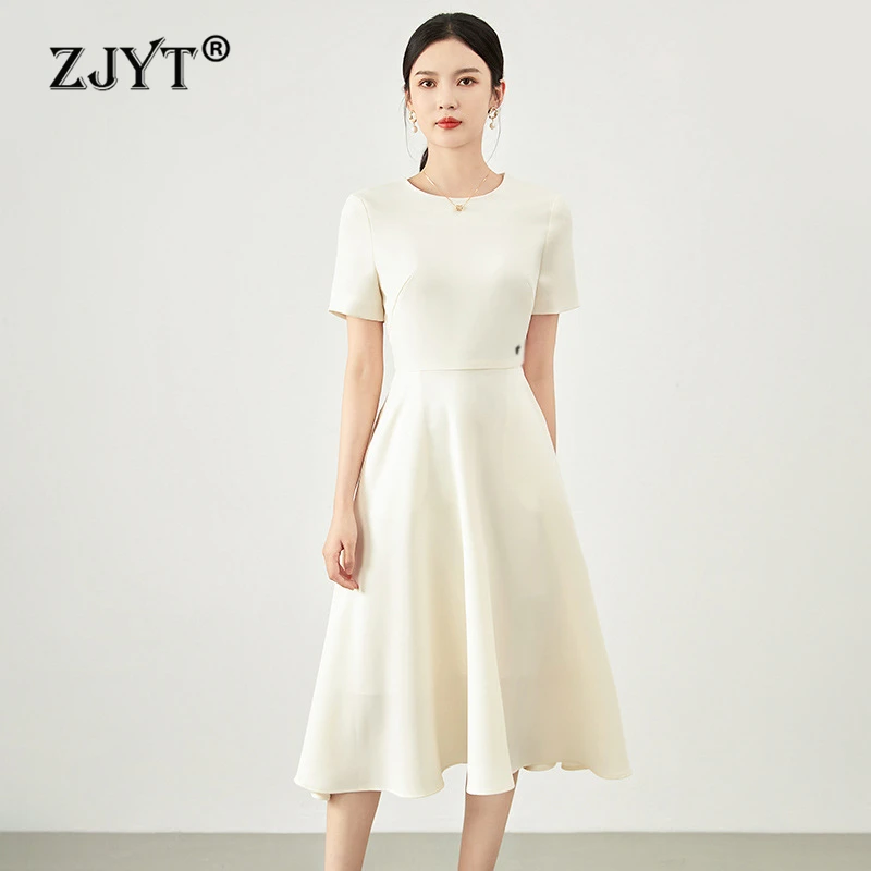 

ZJYT Elegant Summer Simple Brief Dresses Women Designer Short Sleeve O Neck Casual Daily Party Dress Midi Aline Vestidos Black