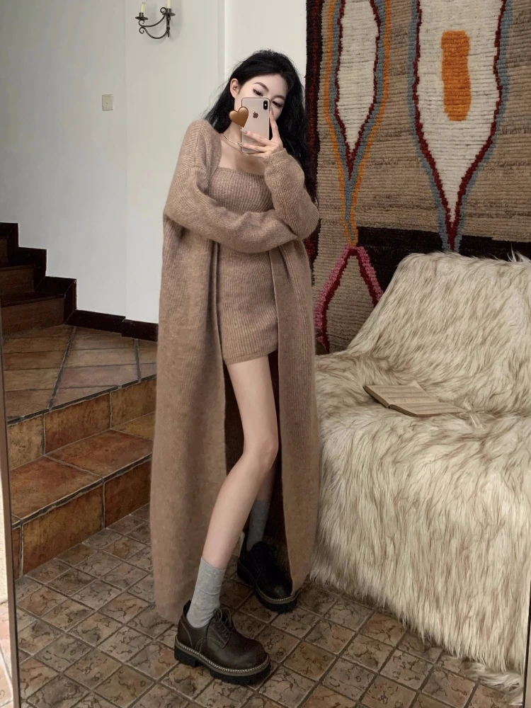 Autumn Winter New Knitted 3-piece Skirt Set Women Solid Long Cardigan Strapless Crop Top Mini Skirt Y2K Korean Chic Knitwear New