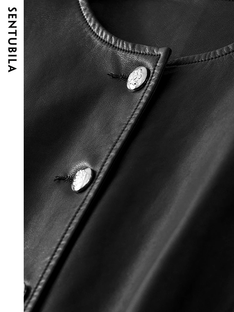 SENTUBILA Simple Round Neck Black Leather Jacket Women 2023 Straight Button Down Faux Pu Leather Autumn Winter Coats W33G49947