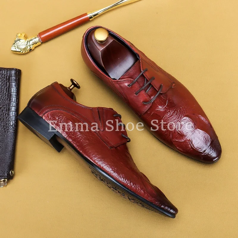 Men Spring Burgundy Crocodile Pattern Leather Shoes Korean Style Pointed Lace Up Formal Wedding Banquet