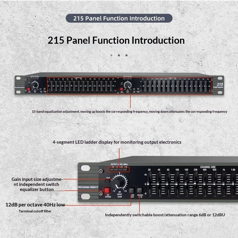 215 프로페셔널 그래픽 이퀄라이저 - ±12dB 부스트/컷 기능이 있는 15밴드 듀얼 채널 EQ, 40Hz 로우컷, 무대 PA 시스템용 LED 미터