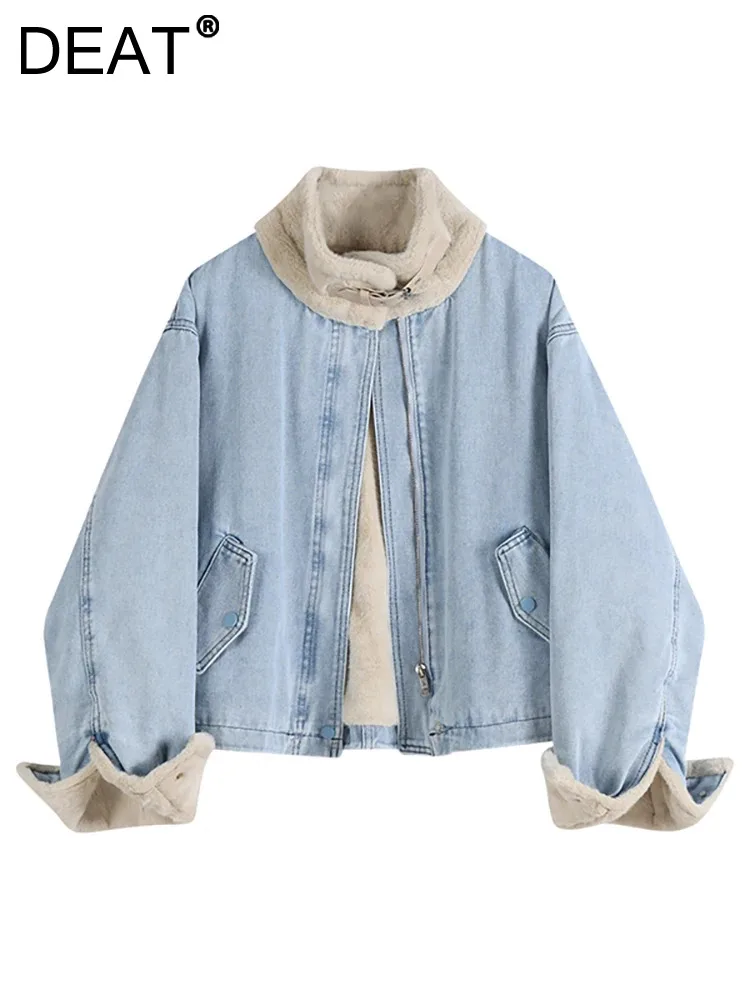 

DEAT Women's Denim Coat Patchwork Pu Leather Buckle Stand Collar Plush Thicken Zipper Jackets 2024 Spring New Fashion 29L6455
