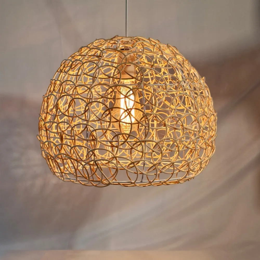 Handmade Natural Rattan Art Chandelier Round Fish Scale Weaving Lamp Creative Pastoral Retro Balcony Restaurant Lamp Kitchen