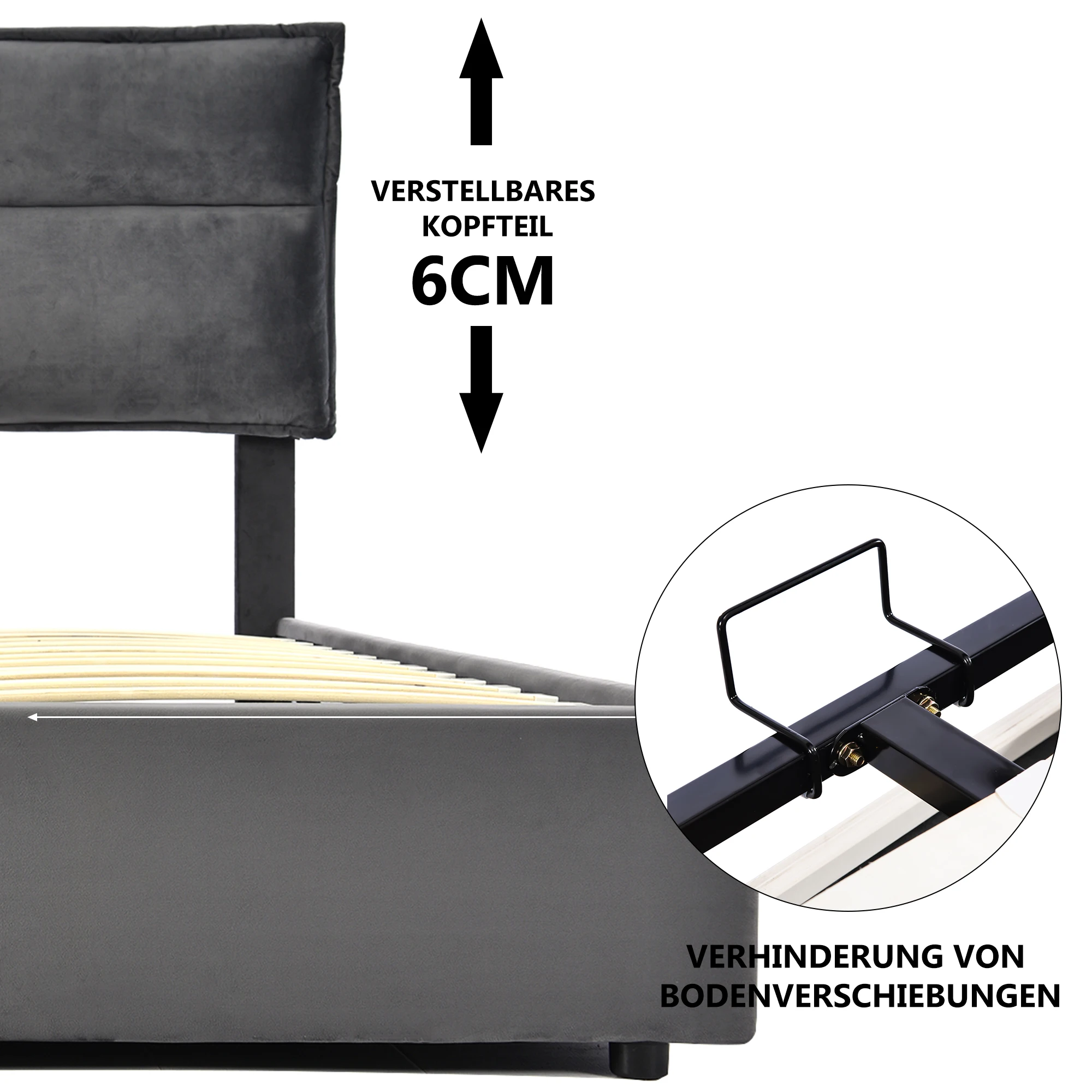 Hydraulisches Doppelbett mit Polsterung, 140 x 200 cm, verstellbares Kopfteil, Bett mit Metallrahmen und Lattenrost, Samt, modernes Bettgestell mit – Detail 10