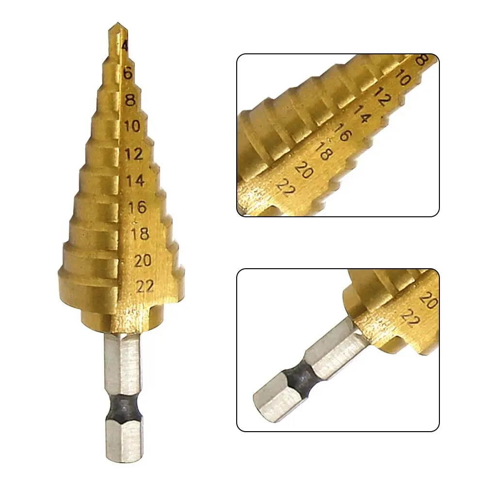 1PC Titanium Plated Hexagonal Straight Groove Step Drill 4-22mm Reaming Pagoda Drill Bit Hole Opening Step Drill Tool 1
