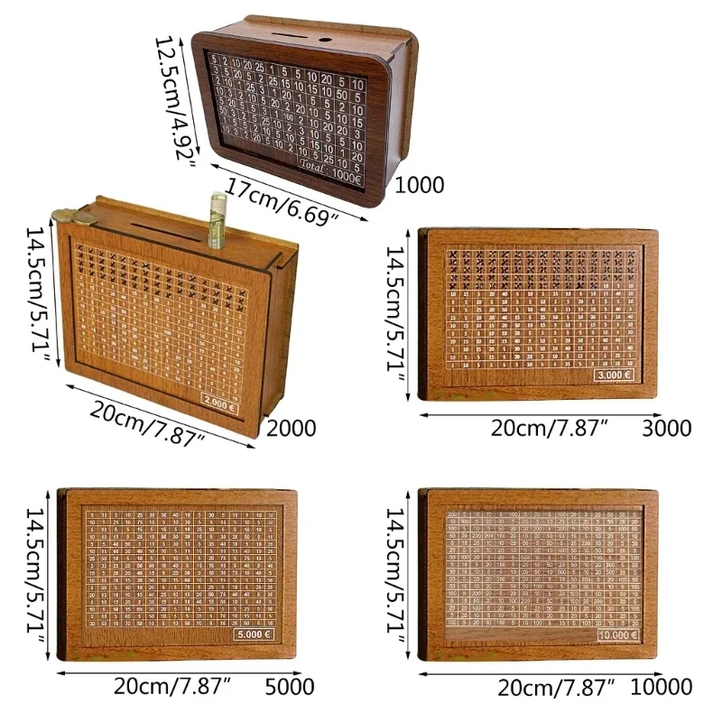 Euro Money Wood Box Piggy Bank Wood Money Bank Reusable Money Box with Saving Goal and Numbers Money Boxes Money Drawer