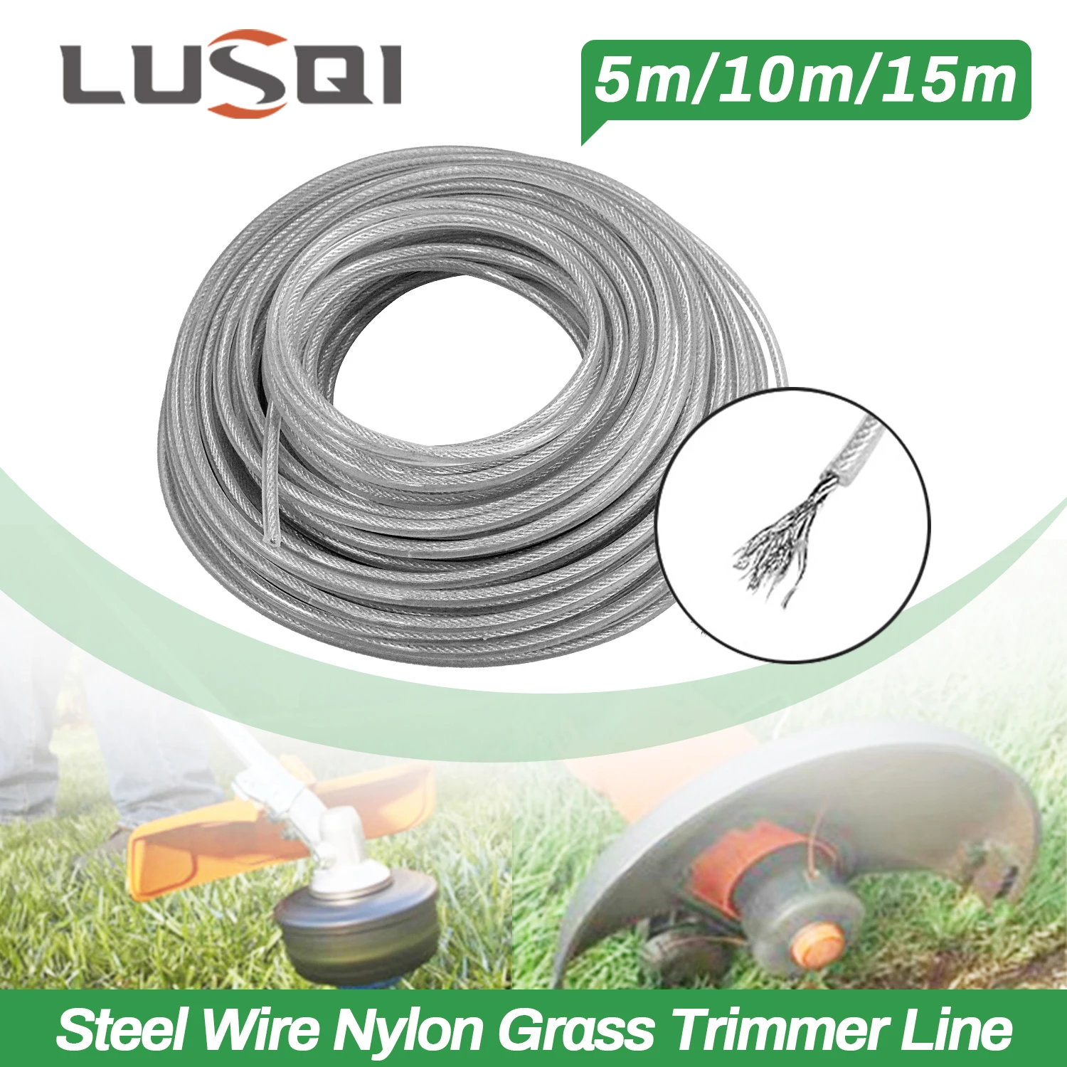 LUSQI 5M/10M/15M Steel Wire Nylon Grass Trimmer Line Brushcutter