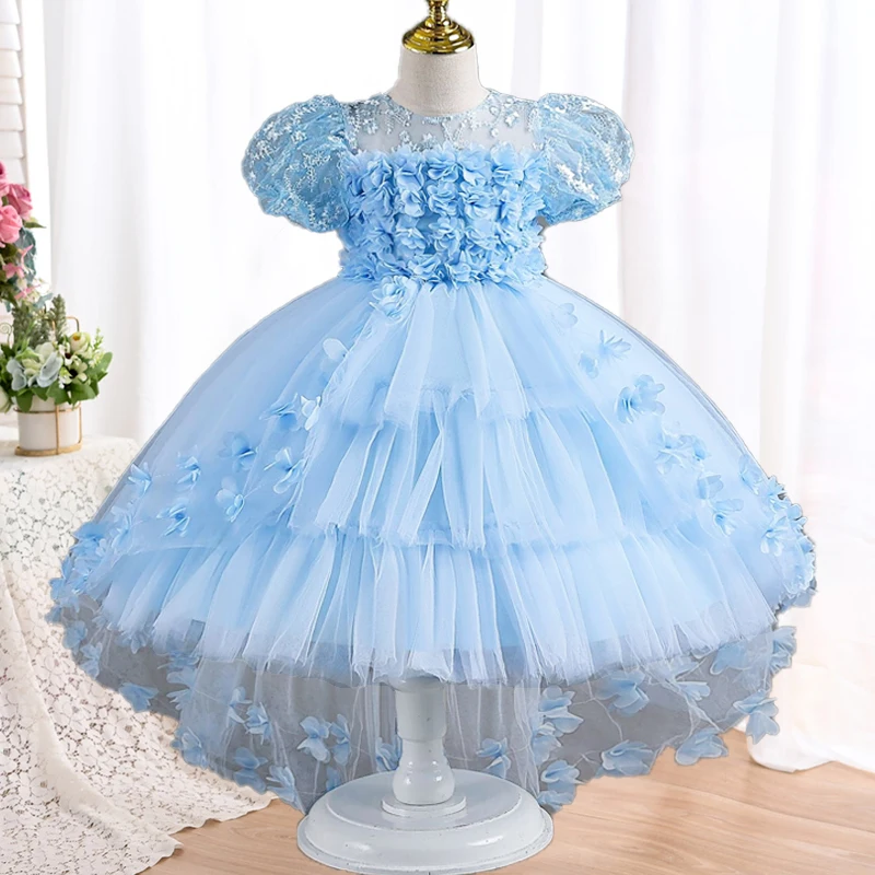 New 4-12Year Old Girl Lace Petals Childrens Dress Wedding Princess Dress Christmas Girl Gift Tailed New Year Party Evening Dress