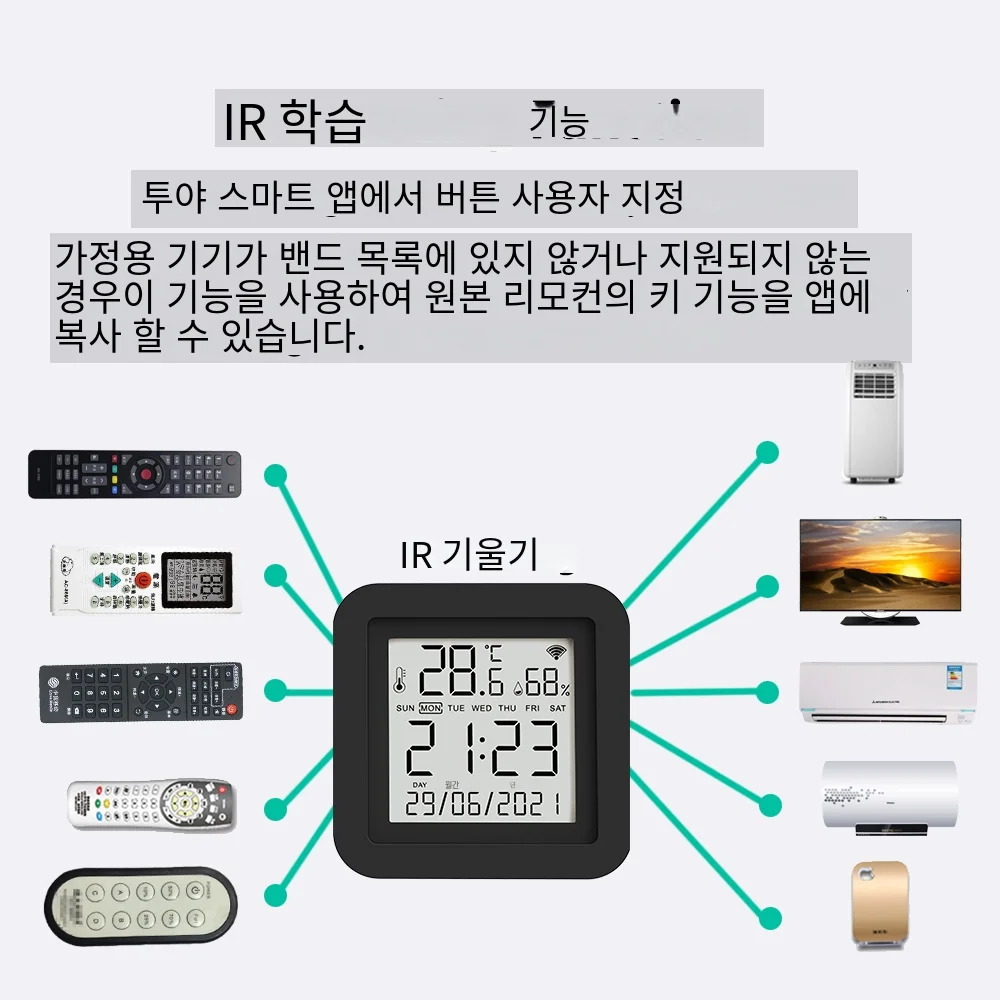 Tuya 스마트 WiFi 범용 IR 원격 온도 습도 센서(에어컨 TV AC용)는 Alexa,Google Home Yandex와 함께 작동합니다.