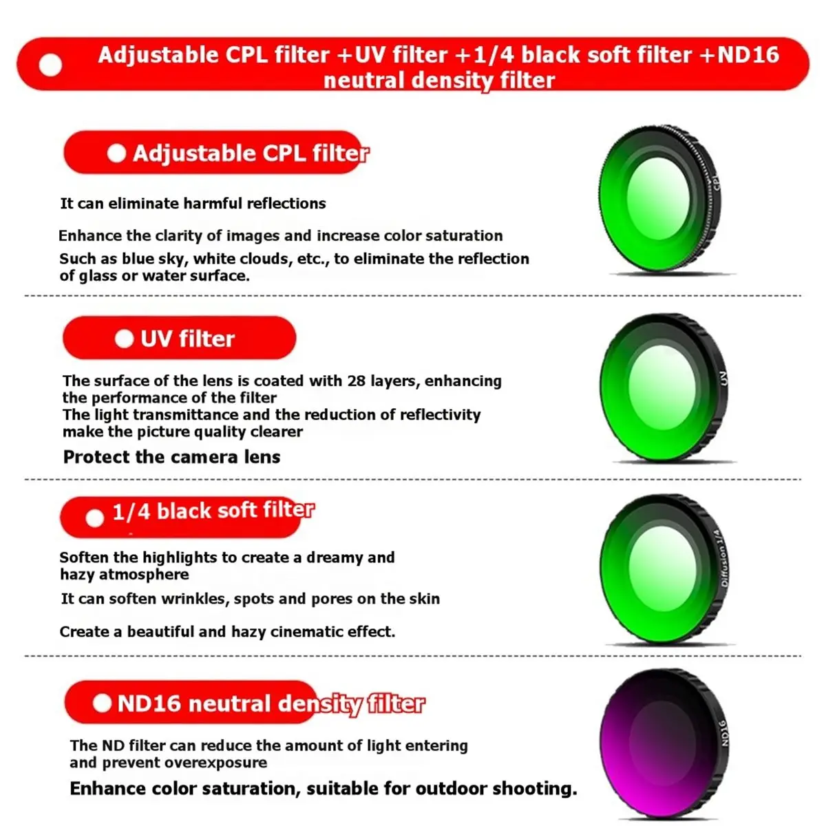 DJI 오즈모 나노 4피스 필터 세트용 N05R: CPL + UV + 1/4 다크 소프트 + ND16 액션 카메라 액세서리