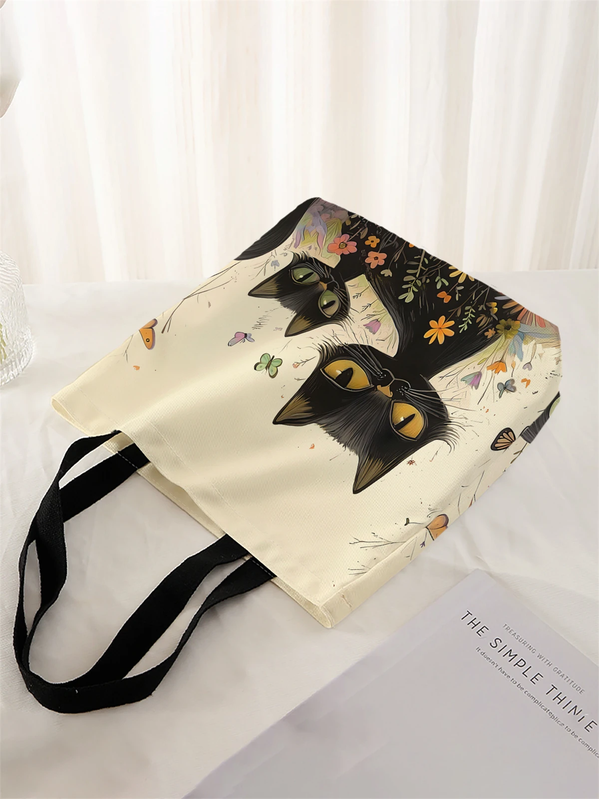 1 piece, black cat pattern handbag, reusable fashionable handbag, multifunctional handbag, printed canvas shopping bag