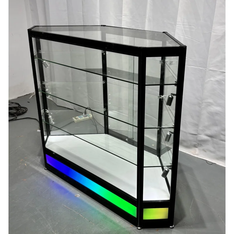 맞춤형 LED 알루미늄 프레임 코너 쇼케이스 강화유리 및 컬러 조명 포함 담배 및 보석 상점용