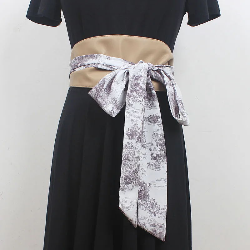 

Original Design PU Chiffon Patchwork Waistbands Women Flower Printing Chiffon Self-tie Waist Belt Elegant Ladies Wide Cinturones