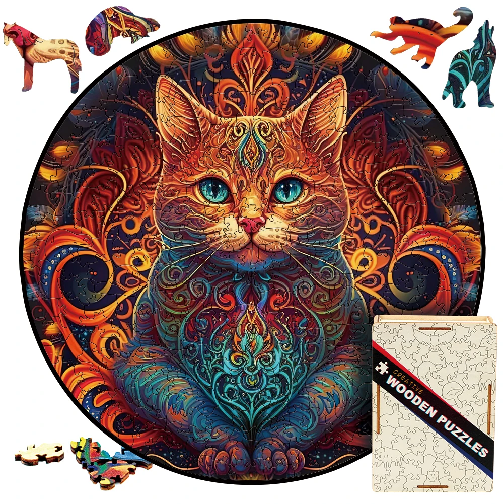 Wooden Puzzle Mandala Cat-Lord Of Fife 3D Animal Wooden Jigsaw Puzzle Retro Toys Cats Wood Puzzles Games For Family Secret Box contacts family chain handle design dual zipper pencil pouch genuine leather retro crazy horse texture large capacity pen stationery storage bag