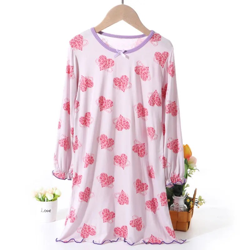 

3-18 Years Girls Nightwear Home Wear Four Seasons Sleepwear Viscose Long Sleeve Soft Pink Purple Girls Nightdress Nightgowns