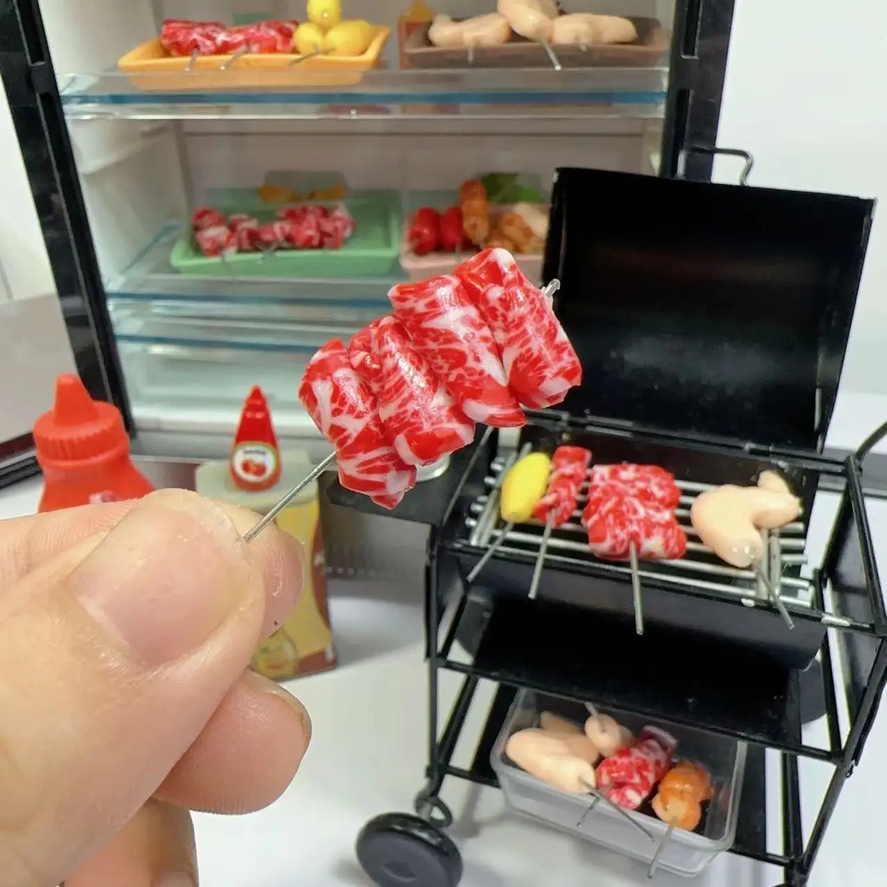 New 1/12Miniature Supermarket food simulation kabob beef sausage corn mushroom for Doll House Mini Kitchen Clay food Accessories 3