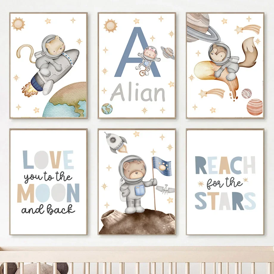 Rabbit Dog Cat Fox Bear Space Rocket Planet Sun Earth Wall Art Canvas Painting Poster E Stampe Immagini A Parete Kids Room Decor