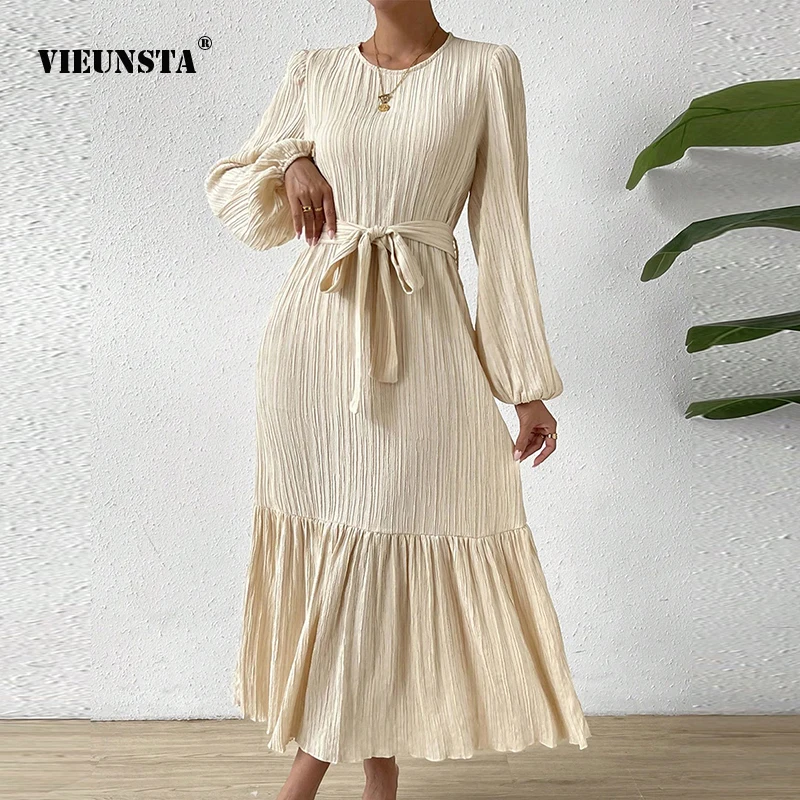 

Retro Casual Loose Tie Up Womens Dress Lotus Leaf Sleeve Round Neck Solid Color Temperament Dress 2024 Early Spring Elegant Wear