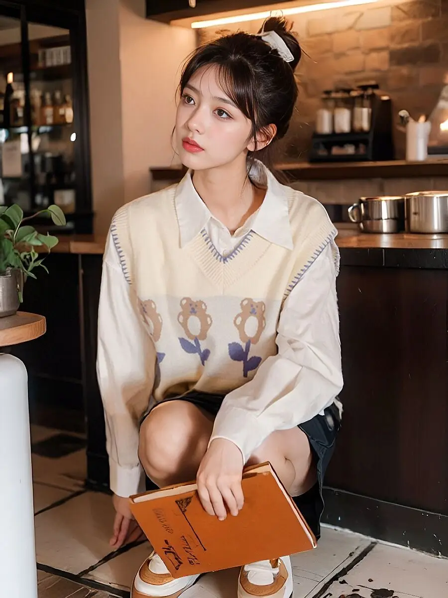 

Knitted vest undershirt women 2024 spring and fall new Japanese stacked v-neck outer wear inside out