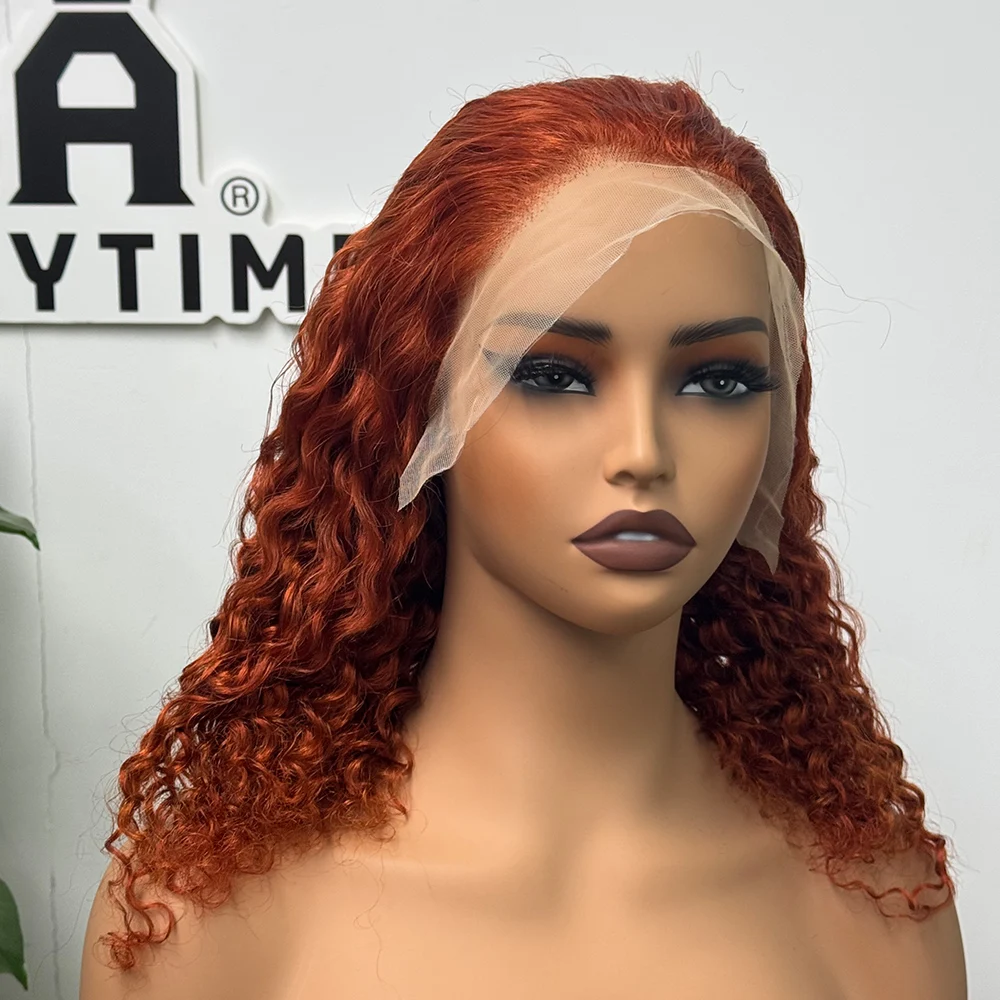 200% Density 13x4 Transparent Lace Frontal Wigs Short Bob Curly Water Wave Human Hair Wigs for Black Women Ginger 350# Color