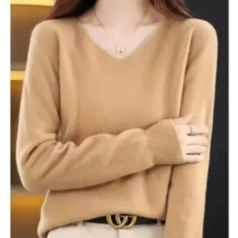 

100% Cotton Fashion Sweater Women's Loose Casual Knit V-neck Pullover 2023 New Spring Autumn Period Harajuku Basics Solid Top