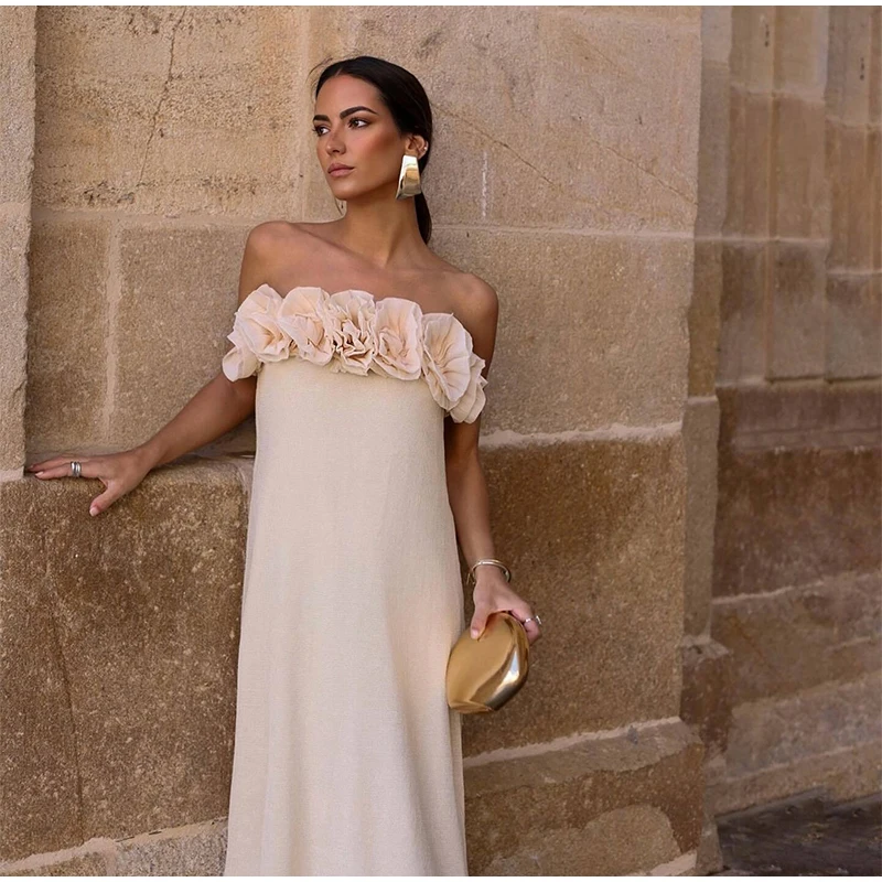 Elegant 3D Flower Tube Dresses Women Vintage Knitted Solid Sleeveless Long Dress Female Summer Autumn Chic Street Party Evening