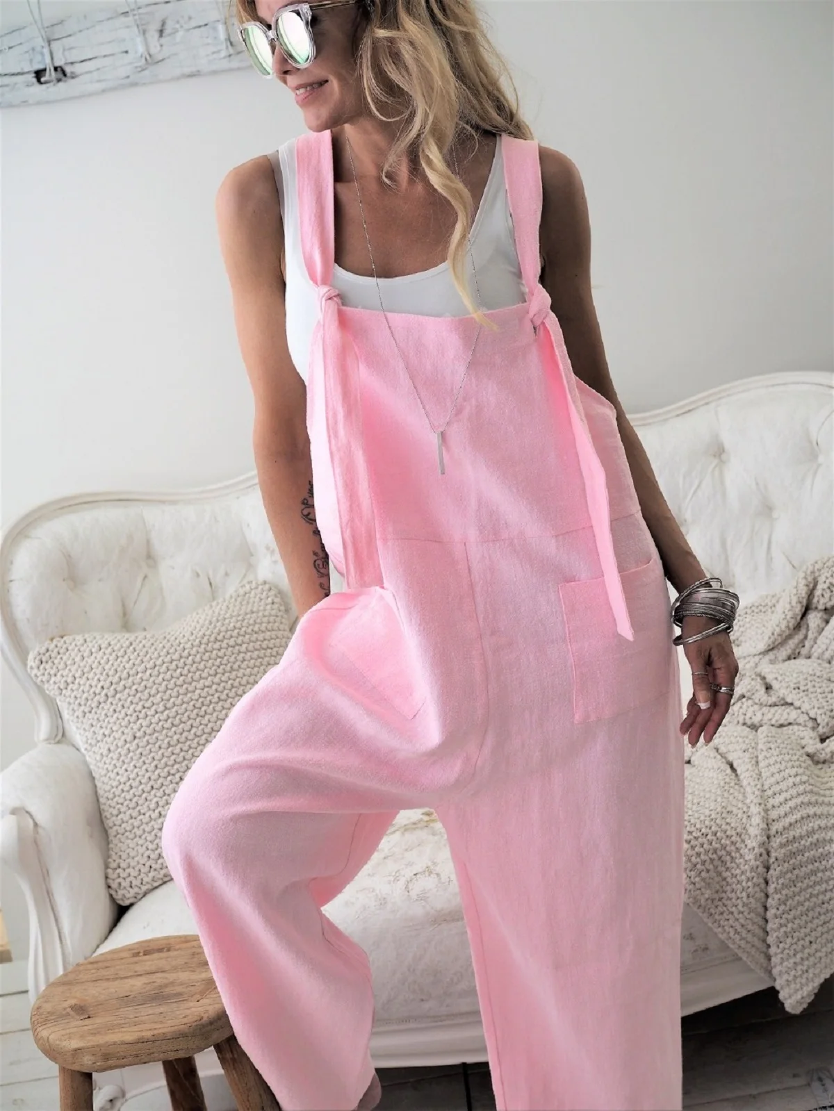 Loose Ladies Bib Pant Suspender Trouser Linen Female Women One-Piece Wide Leg Romper Overalls Jumpsuit Streetwear Plus Size 6