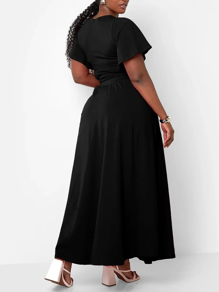 Wmstar Plus Size Two Piece Dress Sets Wholesale Flared Sleeve Sexy V Neck Top and Maxi Big Swing Skirts Dropshipping Summer