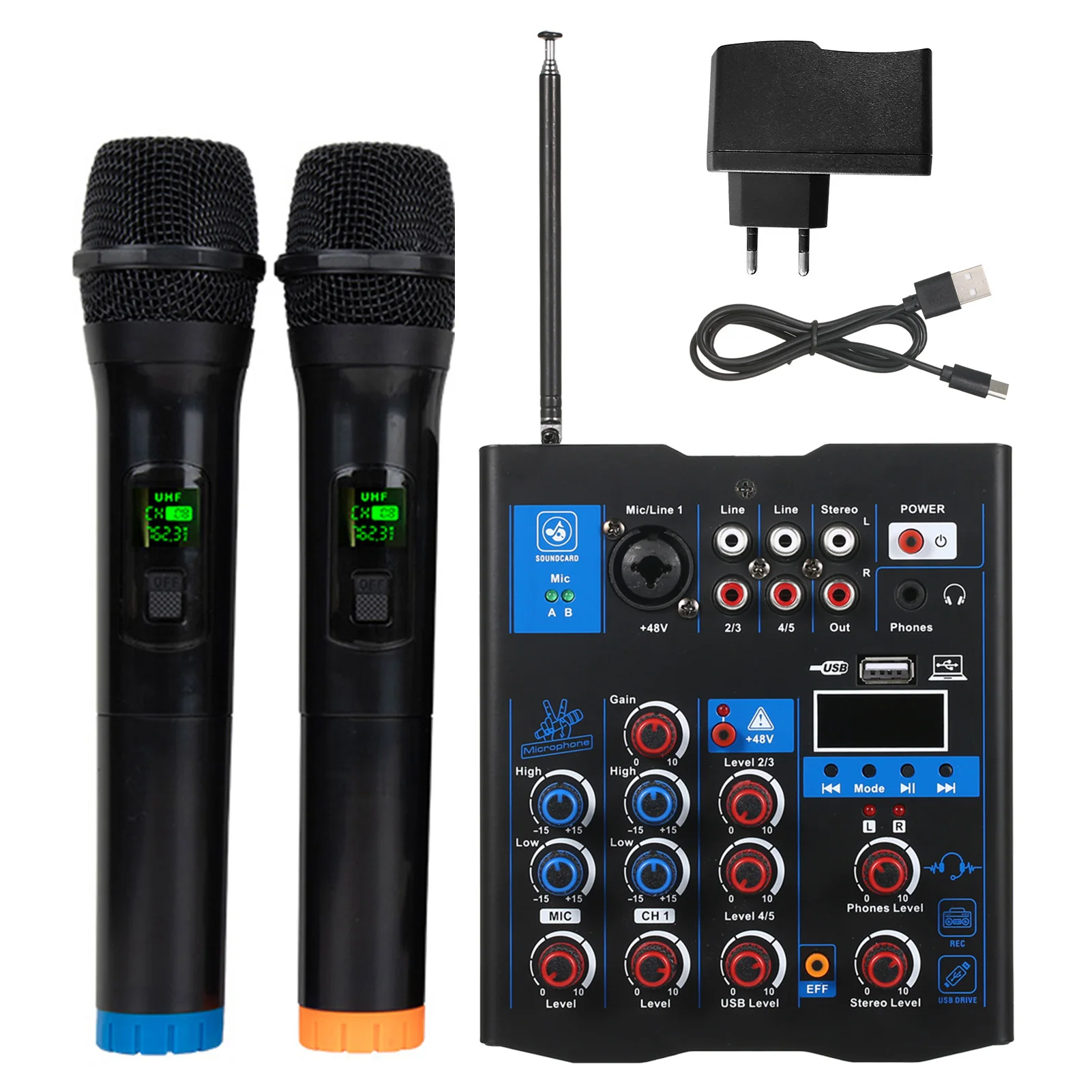 Professional Sound Mixer With Dual Wireless Microphone Sound Board Console System 3 Channel DJ Mixer for DJ Karaoke PC Guitar