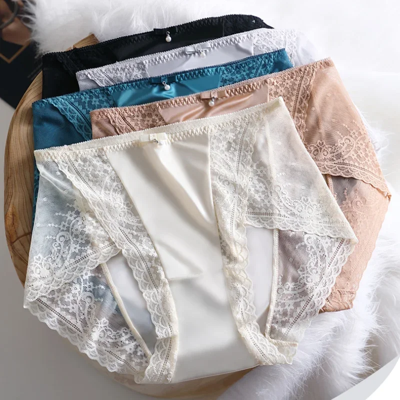

Women Seamless Ice Silk Panties M-XL High-Rise Underwear Trendy Patchwork Lace Briefs Female Soft Underpants Sexy Lingerie