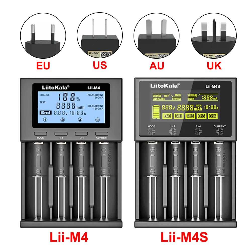 Battery Charger LiitoKala Lii-M4 Lii-M4S 5V EU AU UK US Plug For 3.7V 18650 26650 21700 14500 18350 17500 1.2V AA AAA A C