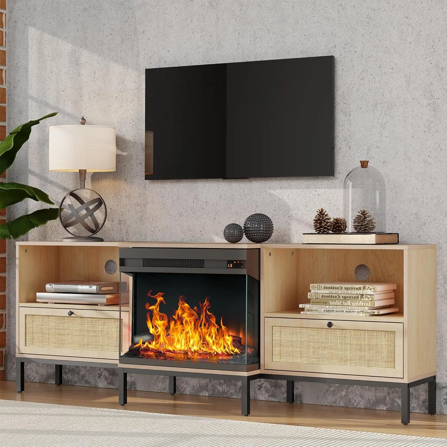 

3-Sided Glass Fireplace TV Stand for TVs up to 80", Entertainment Center Electric Fireplace TV Stand with Rattan Drawers
