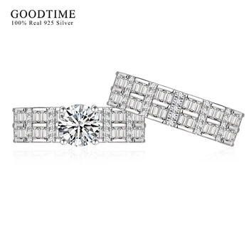 Luxury Women Ring Set Pure 100% 925 Sterling Silver Round Zircon Engagement Ring Wedding Band Anniversary Jewelry For Bridal