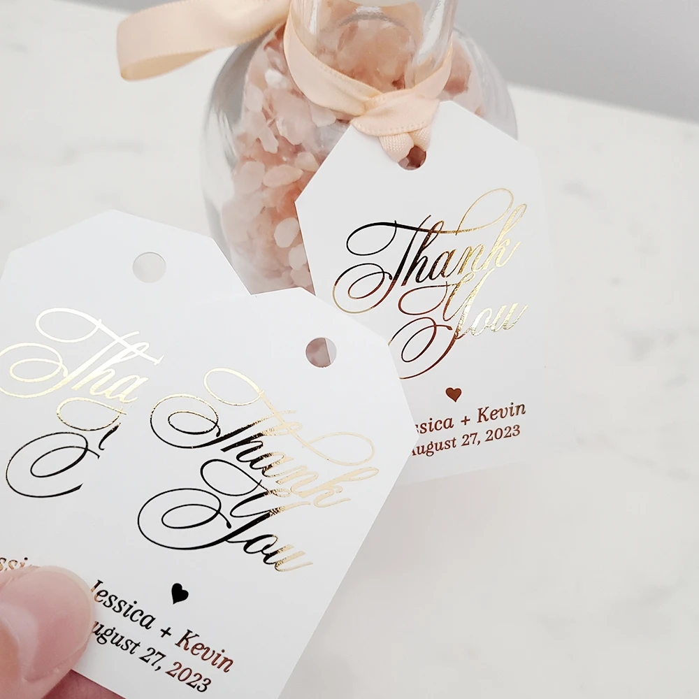 

100Pcs Personalized Wedding Gift Tags White Kraft Paper Labels Custom Gold Foiled Party Favor Candy Box Tags With Hole