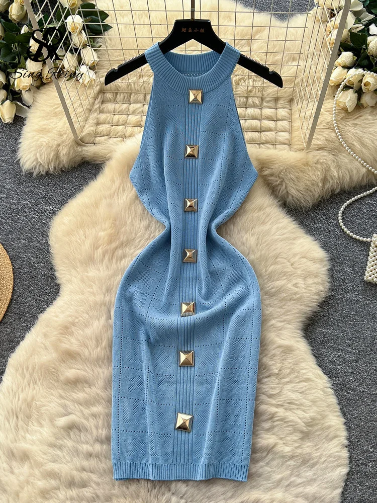 SINGREINY Sleeveless Workwear Knitting Dress Fashion Halter Metal Button Plaid Casual Classy Summer Bodycon Elastic Ladies Dress 2