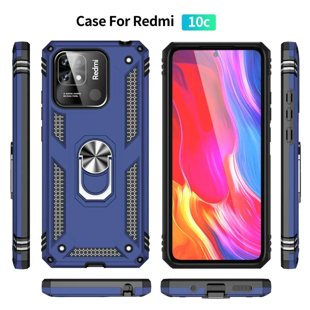 Custodia Per Xiaomi Redmi 10C, Cover TPU + PC Con Anello Metallico Rotante E Supporto Magnetico Per Auto, Blu - 6