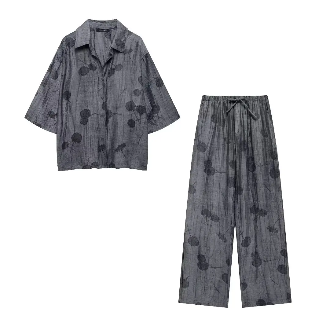 thumbnail image 1 of HH TRAF 2024 Traje femenino de manga larga con botonadura sencilla, cuello vuelto, camisa holgada con estampado + pantalón largo con lazo y cintura alta con cordones para mujer, 1 of 5