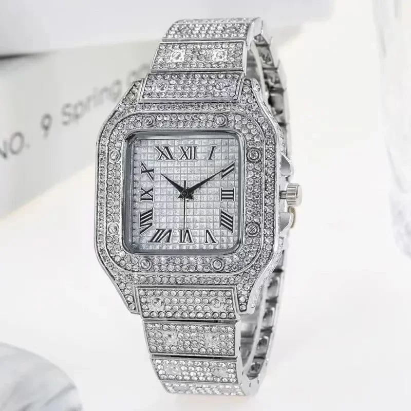 Punk Men Women New Men's Watch Quartz Hip Hop Fashion Leisure Square Alloy Steel Band Diamond Gold Watch for Classmate Gift 6